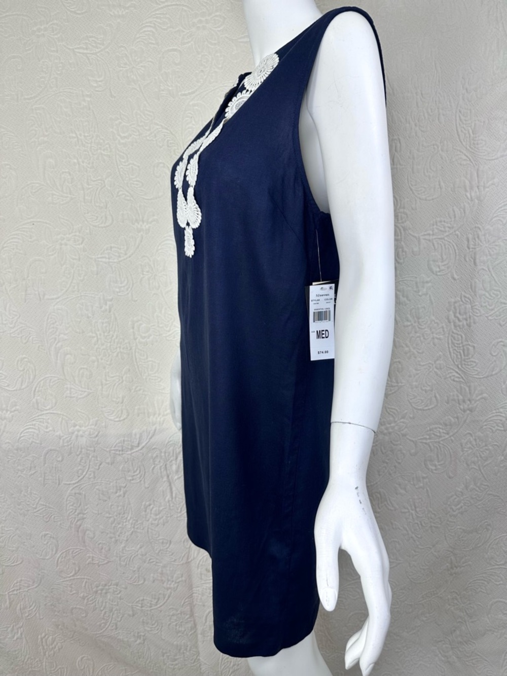 52Seven Navy Blue Linen Blend Sleeveless Dress White Crochet Trim - Picture 5 of 14